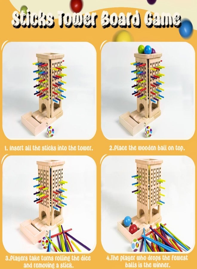 twivah 4-in-1 Board Game for Kids, Wooden Sorting & Stacking|Pick-up Sticks|Counting|Ball Drop Tower, Family Games for Kid and Adult, Montessori STEM Learning Toy for 3 4 5 6 7 8 Year Old Boy Girl - Image 3